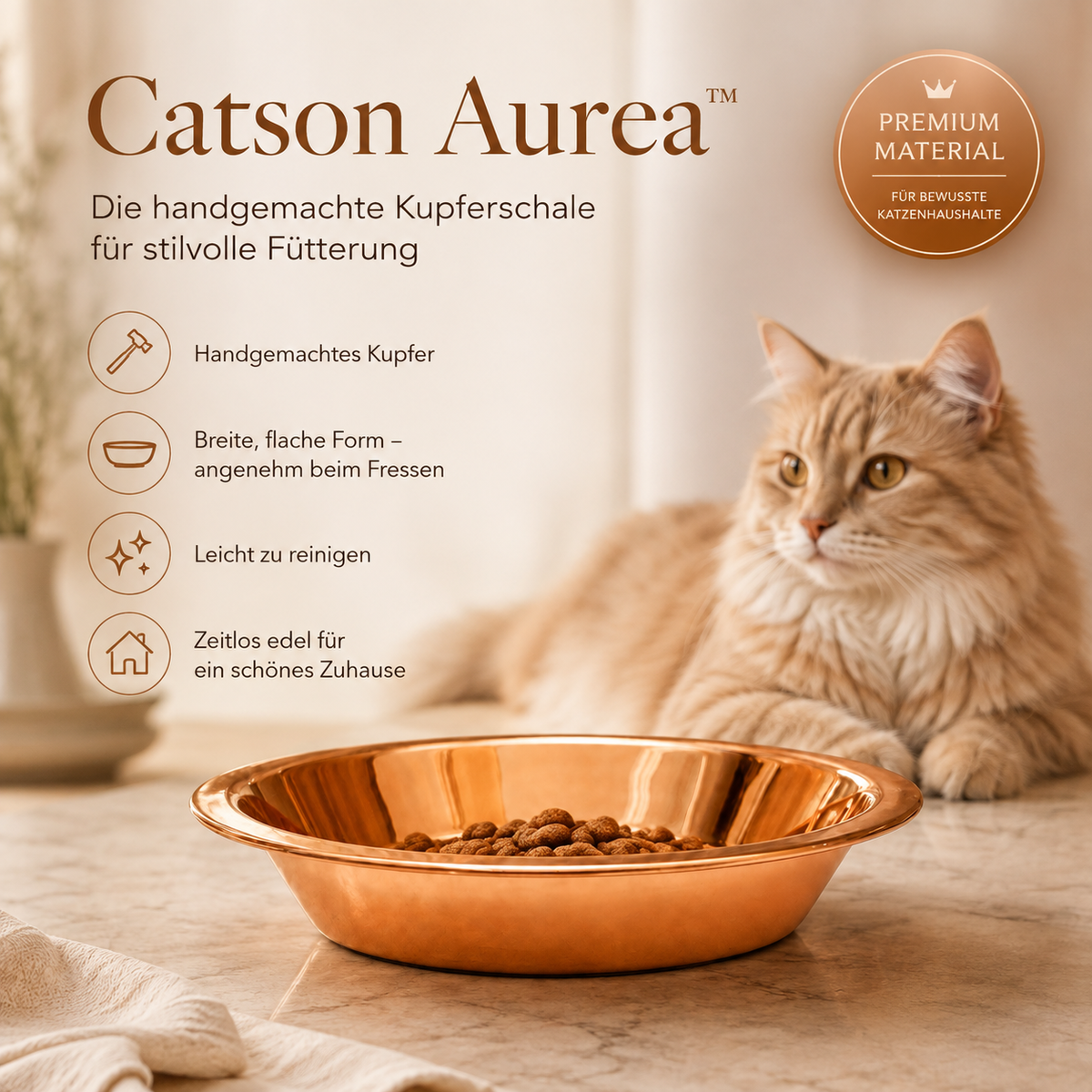 Catson Aurea™ handgefertigte Kupfer-Futterschale für Katzen mit breiter, flacher Form und Trockenfutter