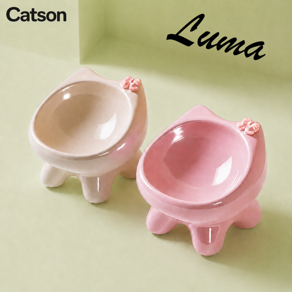 CATSON Luma – Original-Hauptbild: Keramik-Katzennäpfe Elfenbein und Rosa, mit Luma-Schriftzug oben rechts