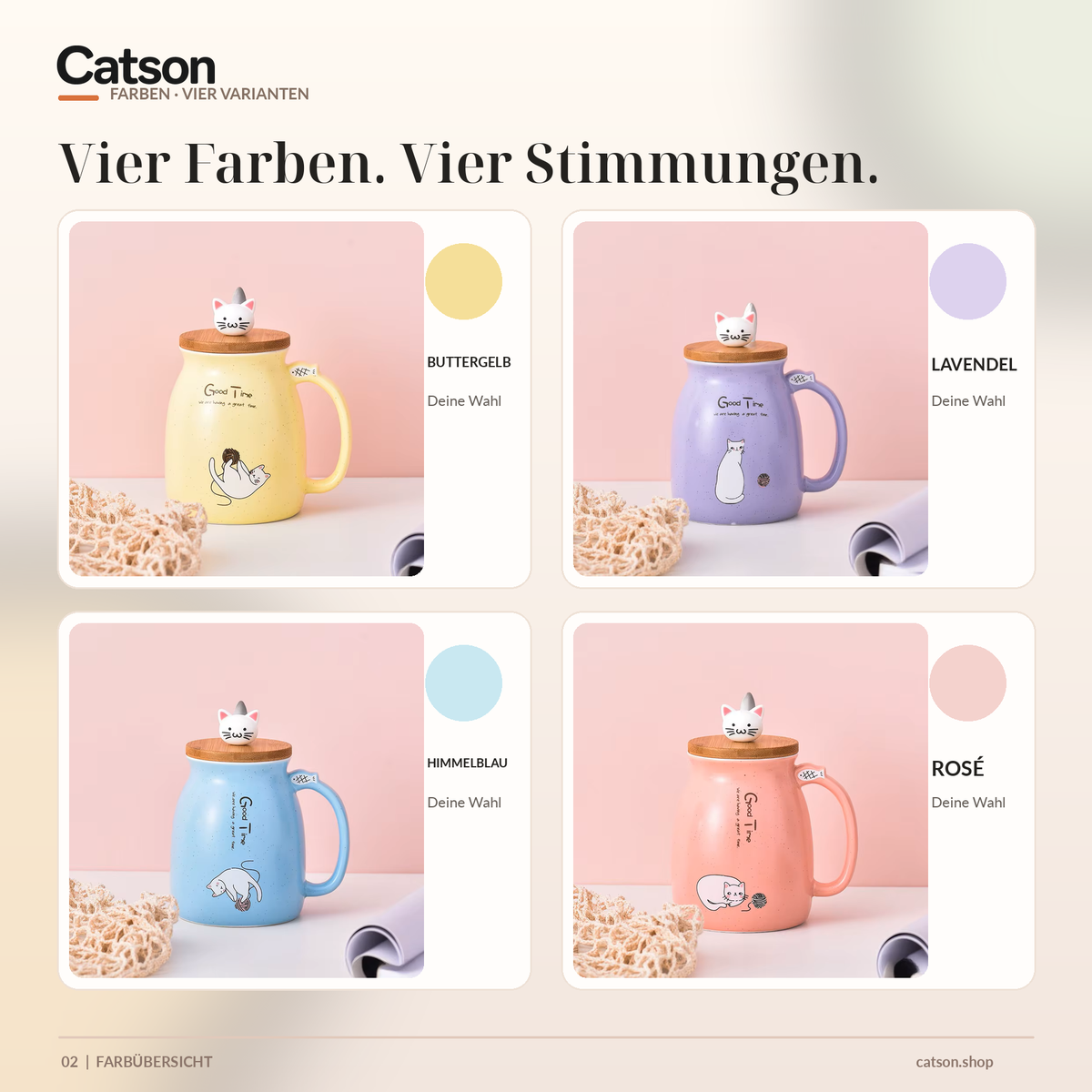 CATSON Mellow Farbgalerie Buttergelb, Lavendel, Himmelblau und Rosé