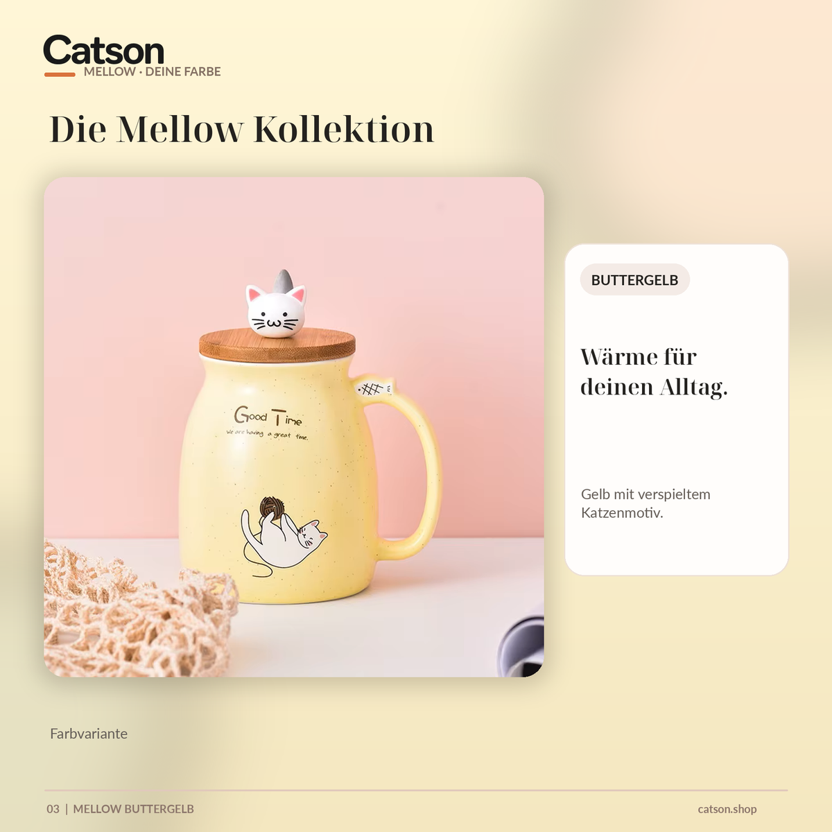 CATSON Mellow in Buttergelb mit Katzendeckel und Henkel