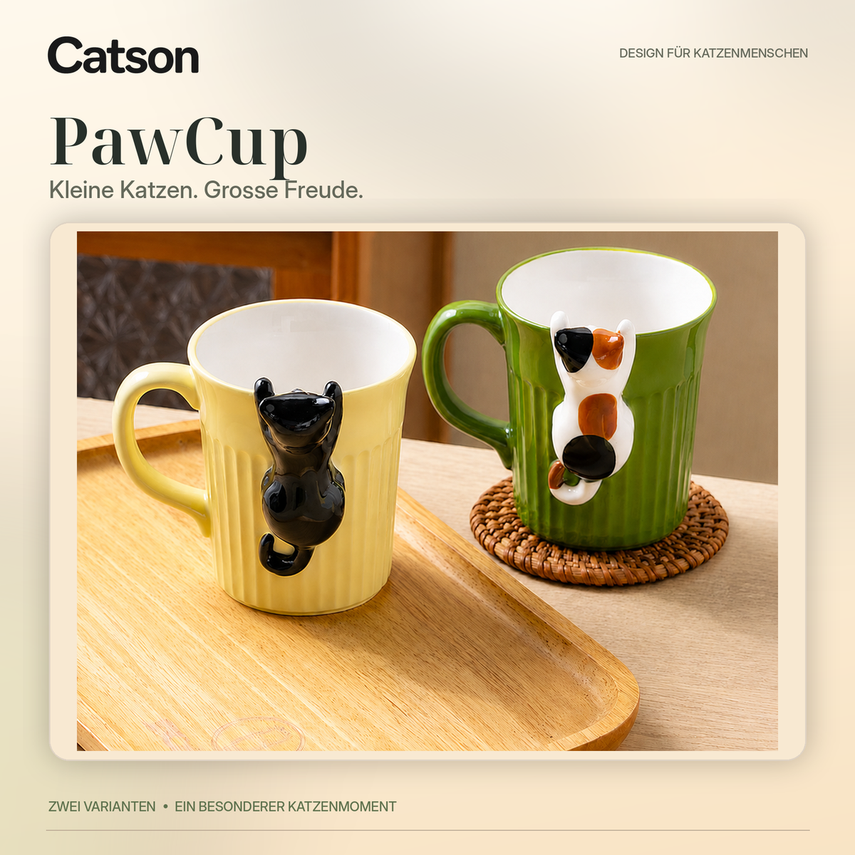 CATSON PawCup – gelbe und grüne Keramiktassen mit dreidimensionaler Katzenfigur