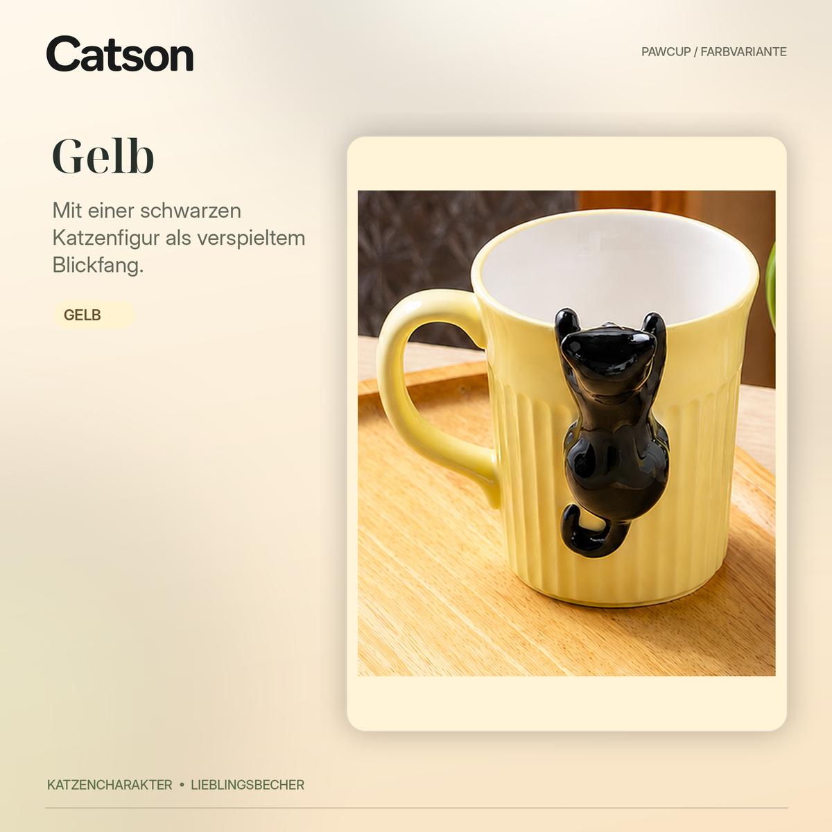 CATSON PawCup Gelb mit schwarzer Katzenfigur