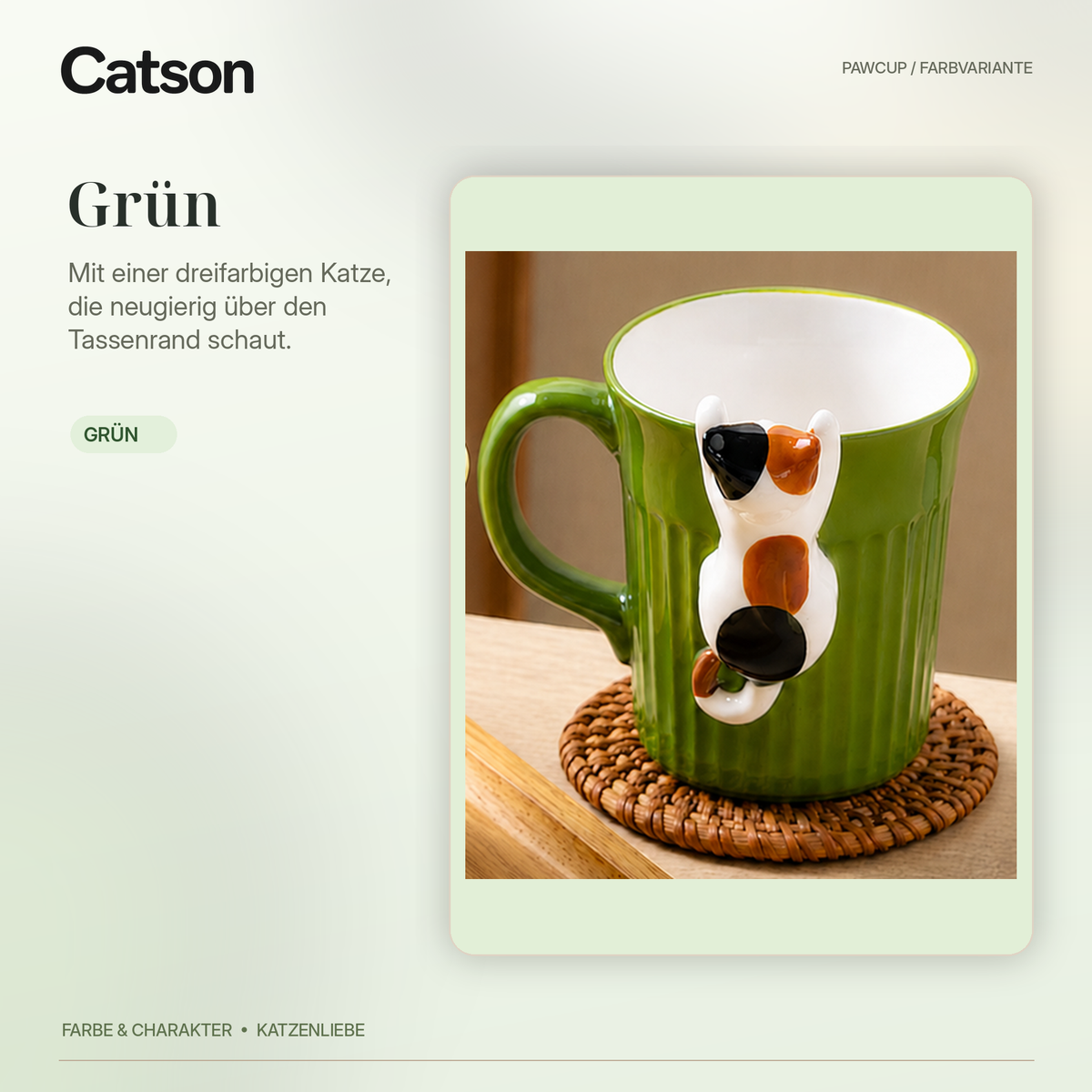 CATSON PawCup Grün mit dreifarbiger Katzenfigur