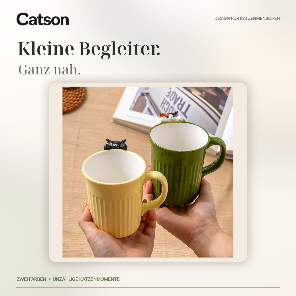 CATSON PawCup – gelbe und grüne Katzentassen in den Händen