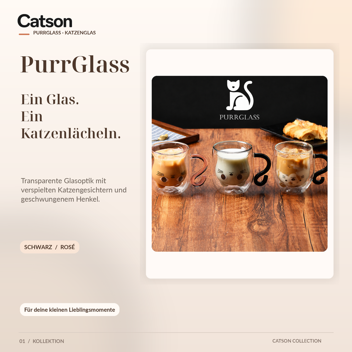 CATSON PurrGlass Kollektion – Katzengläser mit schwarzem und rosafarbenem Henkel