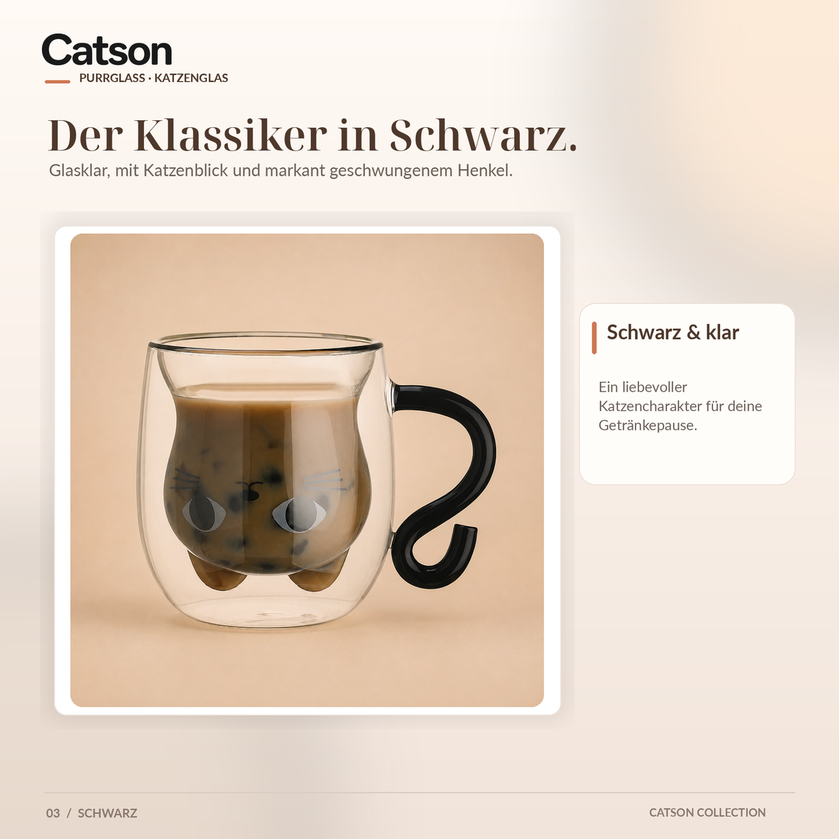 CATSON PurrGlass doppelwandiges Katzenglas mit schwarzem Schwanzhenkel