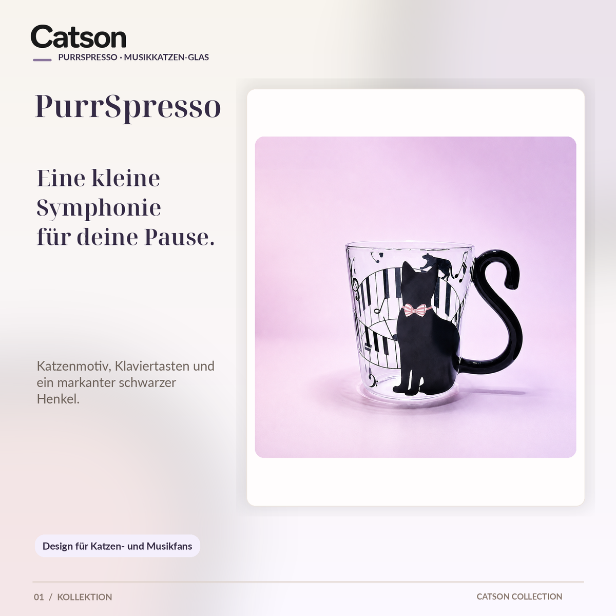 CATSON Purrspresso – Musik-Katzenglas mit schwarzem Katzenschwanzhenkel, Hauptbild
