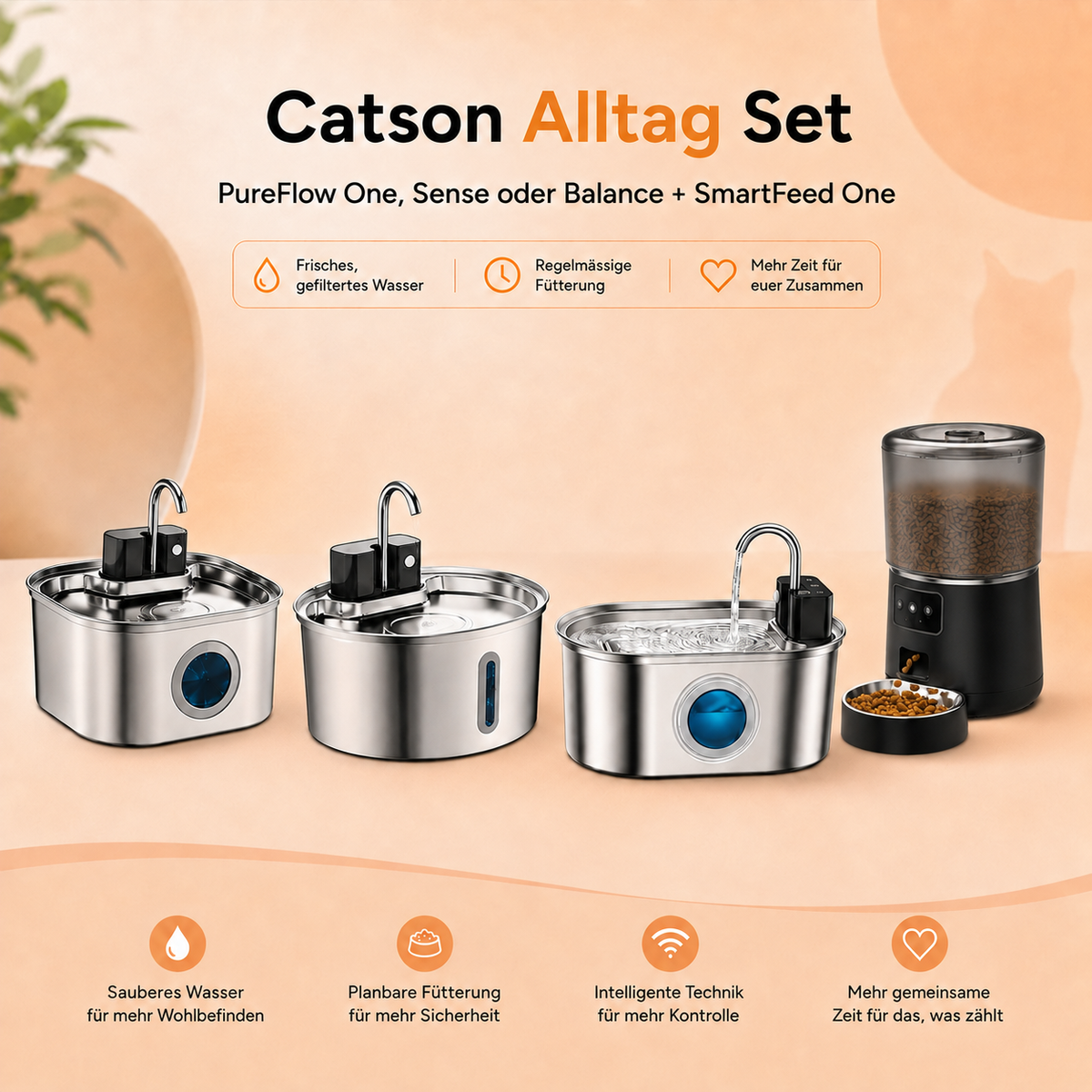 Catson Alltag Set mit PureFlow One™, Sense™ oder Balance™ Trinkbrunnen und SmartFeed One™ Futterautomat für gefiltertes Wasser und planbare Fütterung