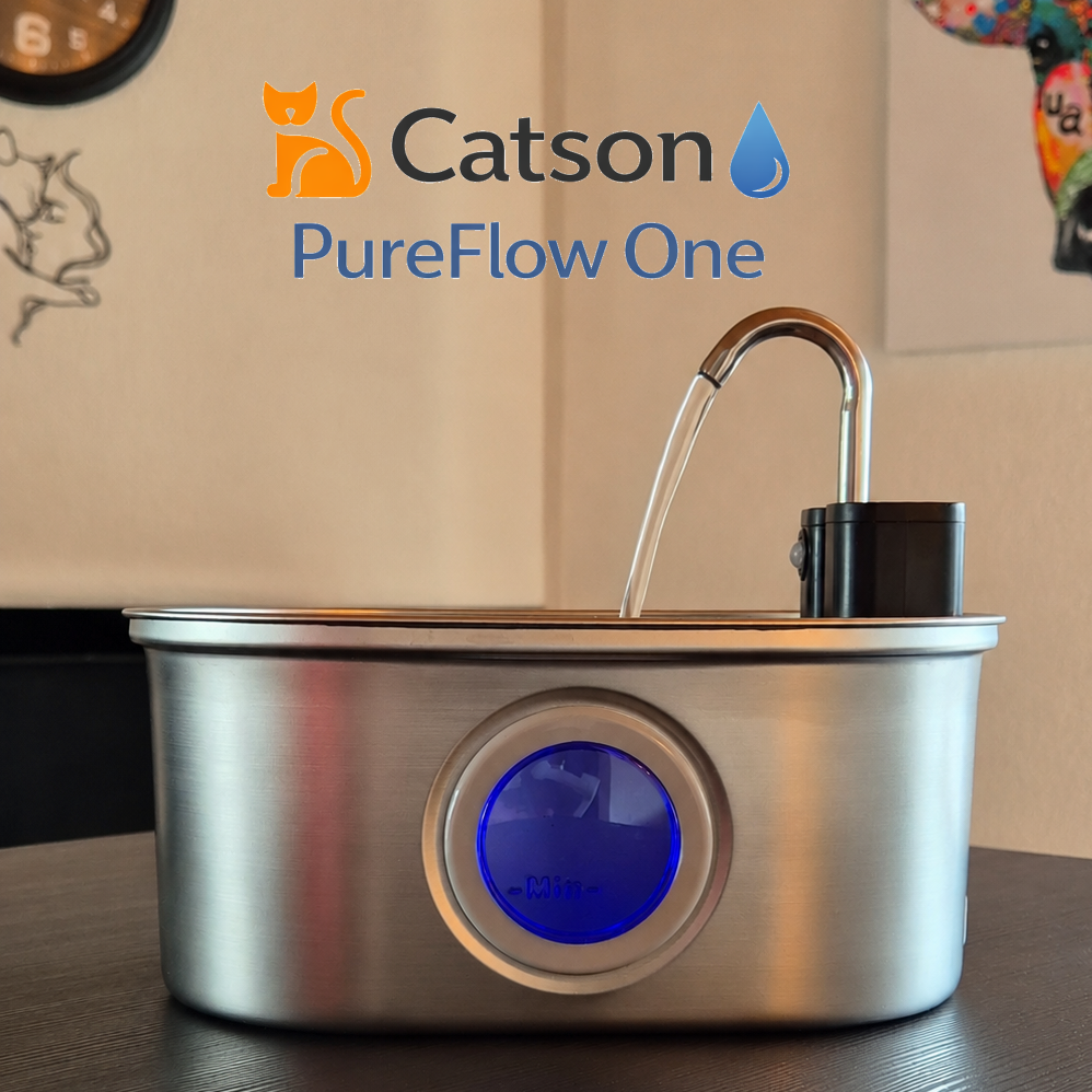 Catson PureFlow One™ Edelstahl-Trinkbrunnen für Katzen mit fliessendem Wasser und sichtbarer Wasserstandsanzeige