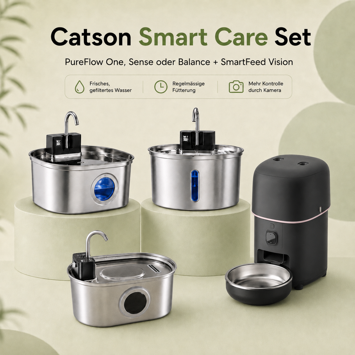 Catson Smart Care Set mit PureFlow One™, Sense™ oder Balance™ Trinkbrunnen und SmartFeed Vision™ Futterautomat mit Kamera