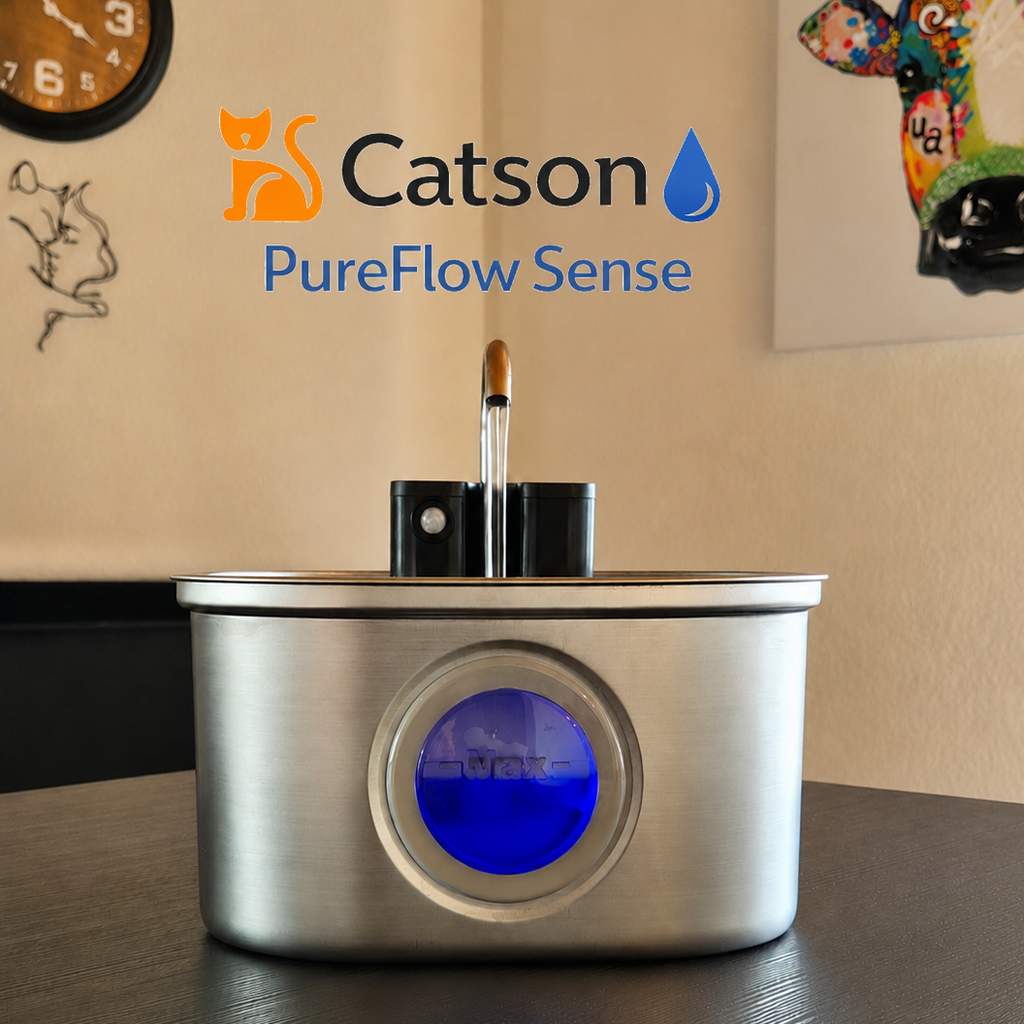 Catson PureFlow Sense™ Edelstahl-Trinkbrunnen für Katzen mit fliessendem Wasser und sichtbarer Wasserstandsanzeige