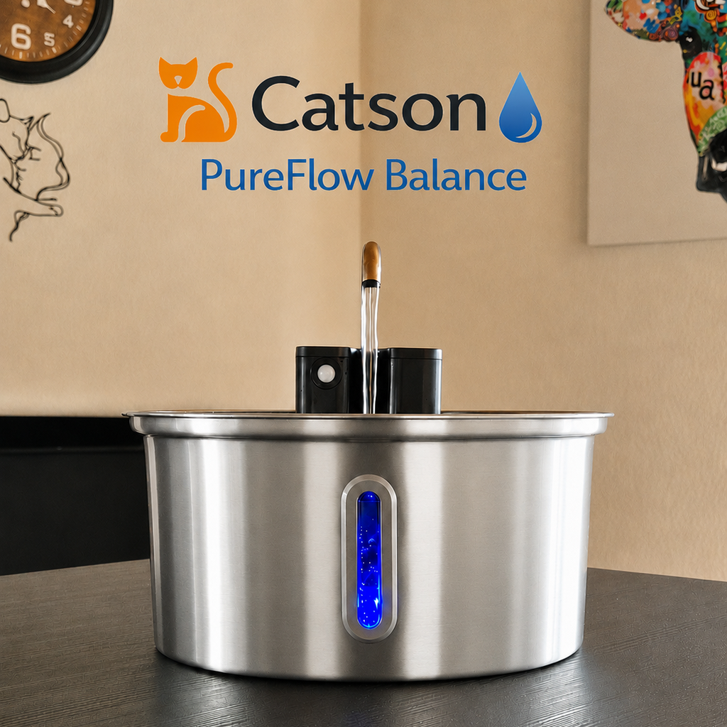 Catson PureFlow Balance™ Edelstahl-Trinkbrunnen für Katzen mit fliessendem Wasser und sichtbarer Wasserstandsanzeige