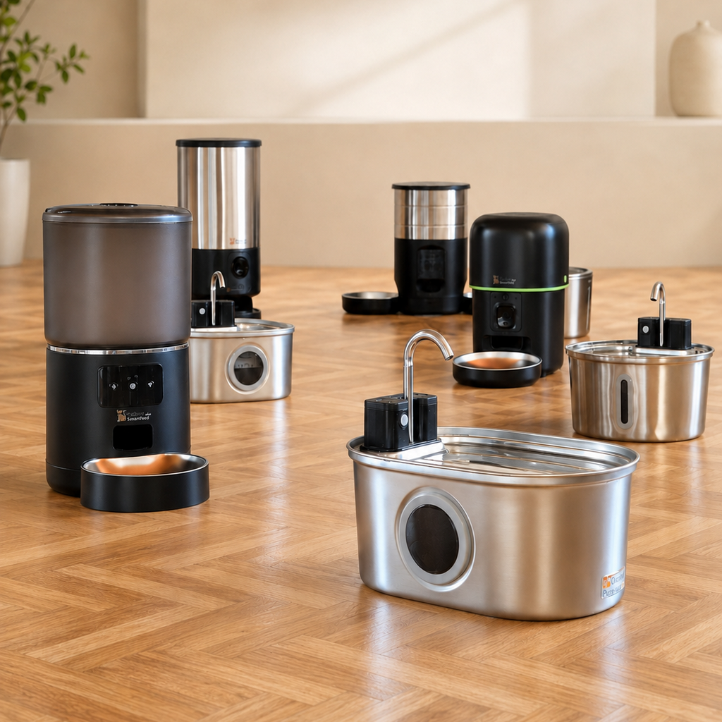 Catson Smart Care Set mit PureFlow™ Edelstahl-Trinkbrunnen und SmartFeed™ Futterautomaten für zuverlässige Wasser- und Futterversorgung von Katzen
