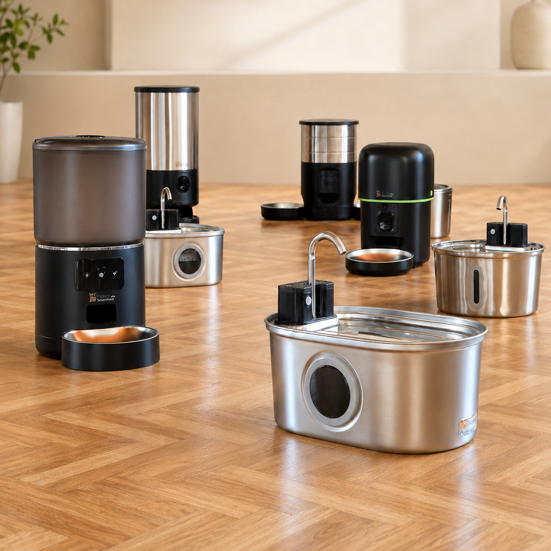 Catson Smart Care Set mit PureFlow™ Edelstahl-Trinkbrunnen und SmartFeed™ Futterautomaten für zuverlässige Wasser- und Futterversorgung von Katzen