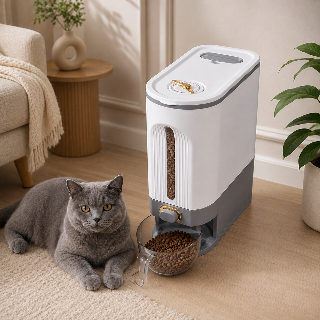 Catson FreshDose™ manueller Trockenfutterspender für Katzen mit Sichtfenster und transparentem Messbecher zur Portionsausgabe im Wohnbereich