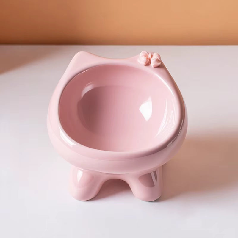 Catson Luma™ erhöhter Keramik-Futternapf in Rosa mit geneigter Schale und dekorativem Schleifen-Detail