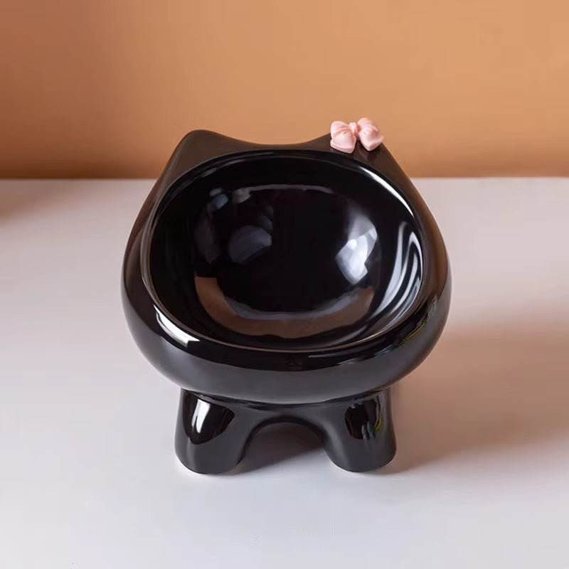 Catson Luma™ erhöhter Keramik-Futternapf in Schwarz mit geneigter Schale und dekorativem Schleifen-Detail