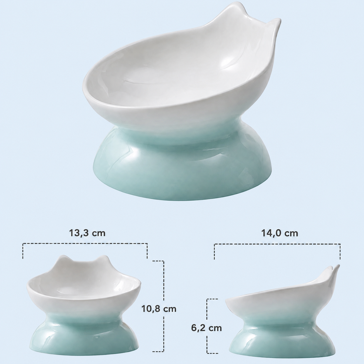 Catson Neko Dish™ erhöhter Keramik-Futternapf in Hellblau mit katzenförmiger Schale – 13,3 × 14,0 × 10,8 cm