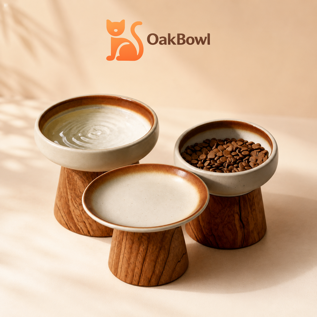 Catson OakBowl™ erhöhte Keramik-Futter- und Wassernäpfe für Katzen auf Holzsockel, mit Wasser und Trockenfutter