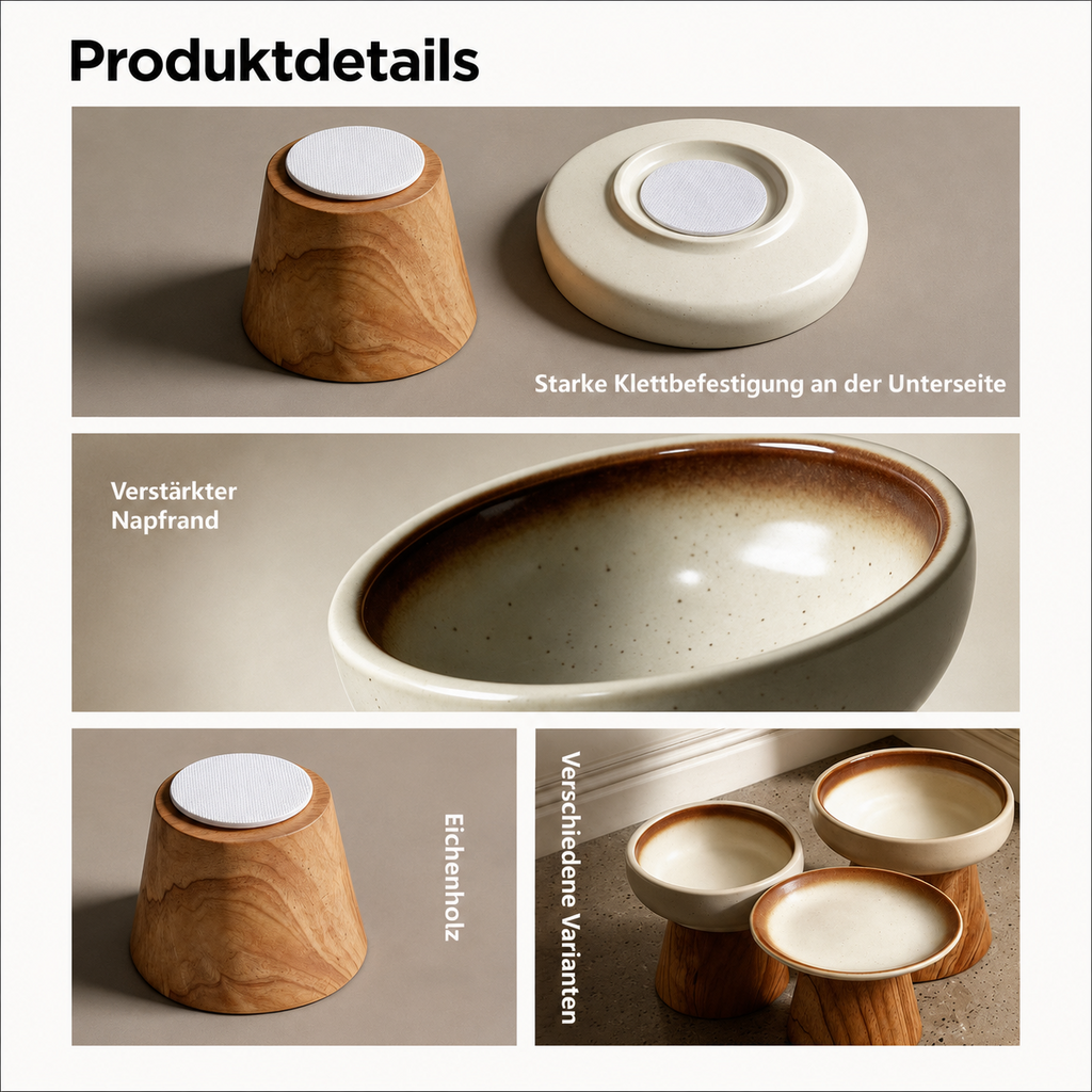 Catson OakBowl™ Produktdetails mit abnehmbarem Keramiknapf, Klettbefestigung, verstärktem Napfrand und Massivholzständer