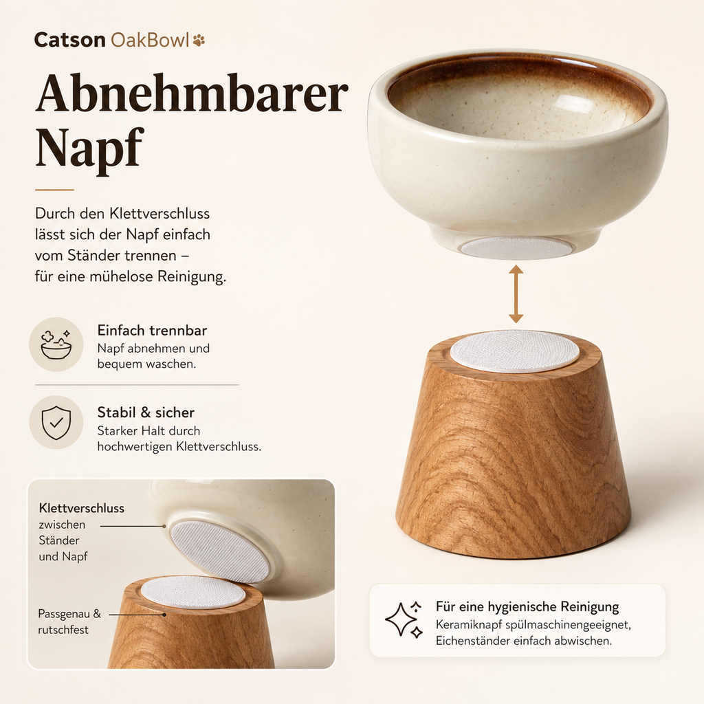 Catson OakBowl™ erhöhter Keramik-Futternapf mit abnehmbarem Napf und Klettverschluss auf Holzständer
