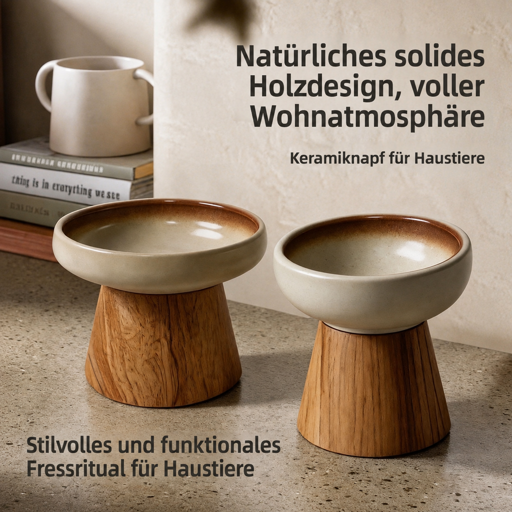 Catson OakBowl™ erhöhte Keramik-Futternäpfe auf massiven Holzständern in zwei Napfformen