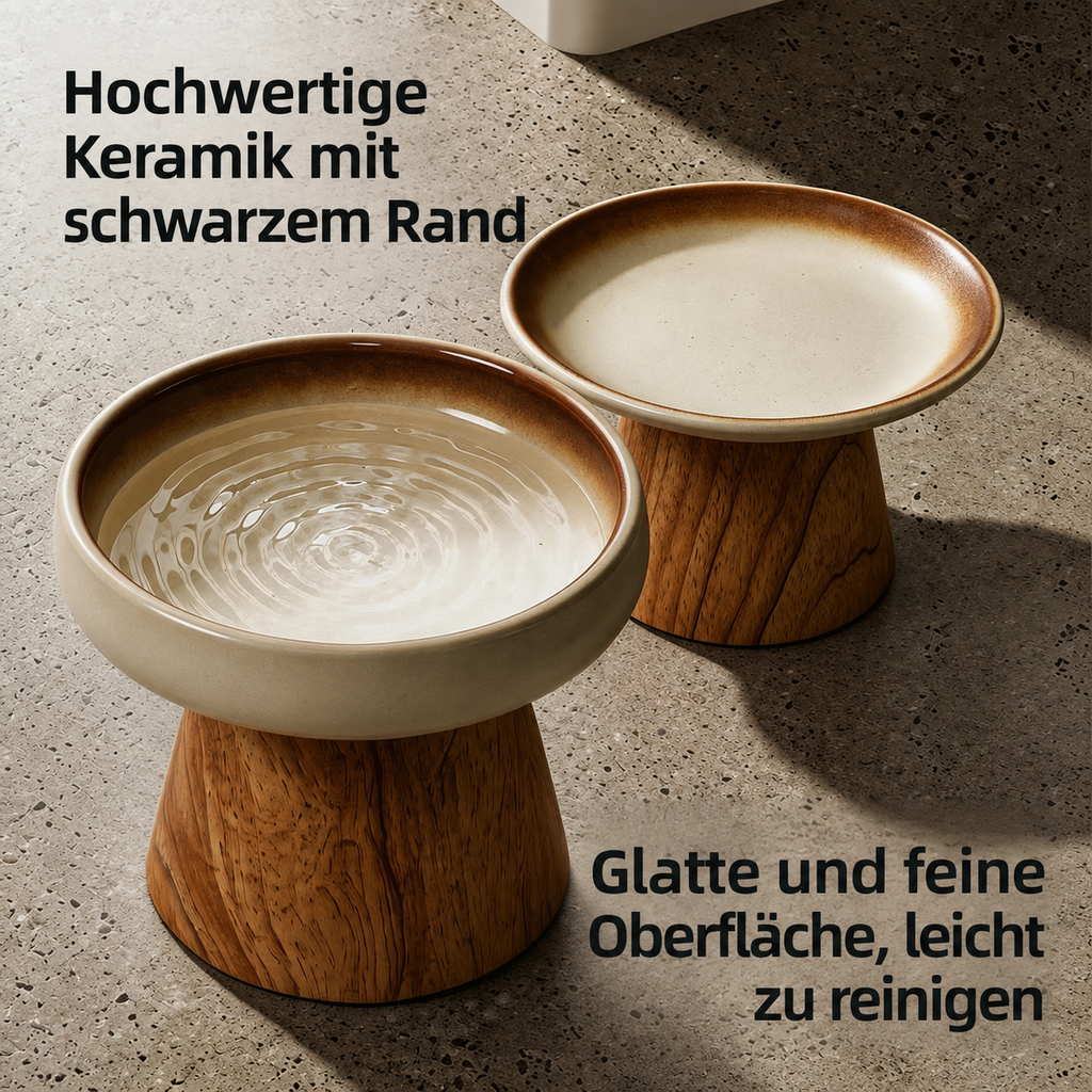 Catson OakBowl™ erhöhte Keramiknäpfe mit glatter Oberfläche, dunklem Rand und Massivholzständern