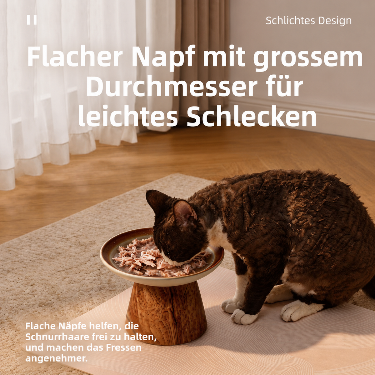 Katze frisst Nassfutter aus einem flachen Catson OakBowl™ Keramiknapf auf Massivholzständer mit grossem Durchmesser