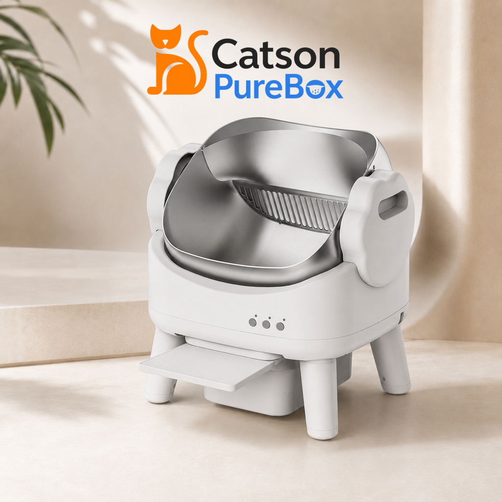 Catson PureBox™ selbstreinigende Katzentoilette mit Edelstahl-Innenwanne, erhöhtem Einstieg und herausziehbarem Auffangbehälter