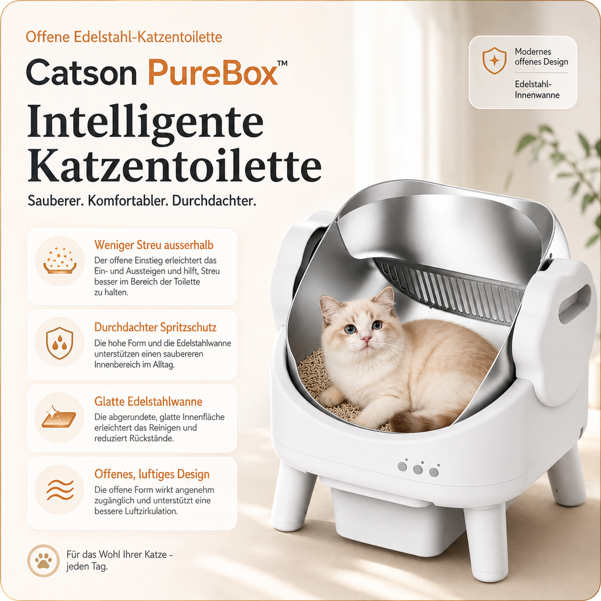 Catson PureBox™ offene Edelstahl-Katzentoilette mit hohem Spritzschutz, glatter Innenwanne und erhöhtem Einstieg für weniger Streu ausserhalb