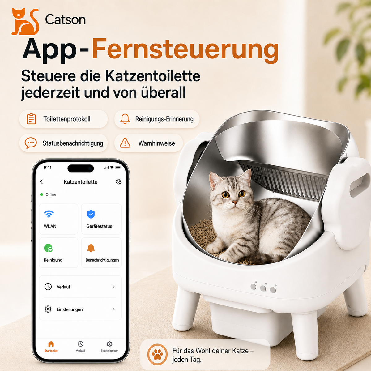 Catson PureBox™ intelligente Katzentoilette mit App-Fernsteuerung, Toilettenprotokoll, Reinigungs-Erinnerungen und Statusbenachrichtigungen
