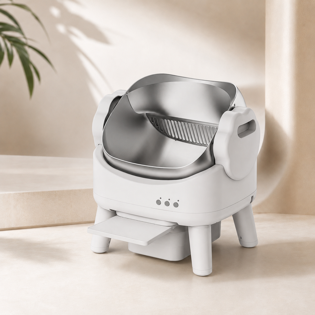Catson PureBox™ intelligente offene Katzentoilette mit Edelstahl-Innenwanne, erhöhtem Einstieg und herausziehbarem Auffangbehälter