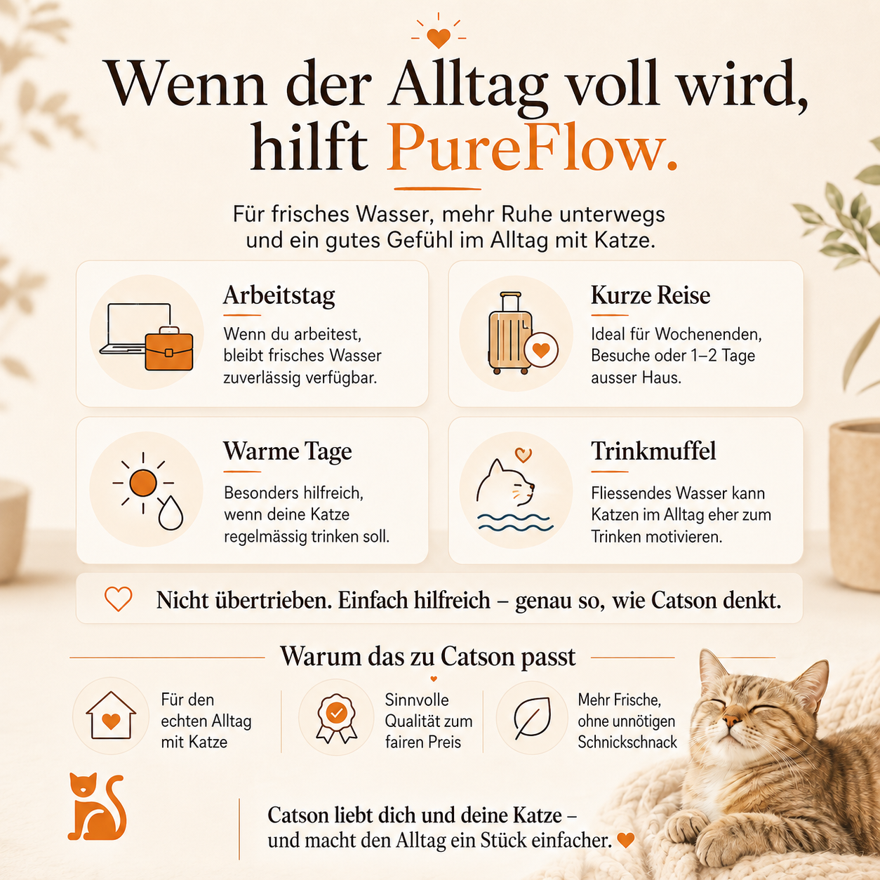 Catson PureFlow™ Trinkbrunnen für Katzen im Alltag – geeignet für Arbeitstage, kurze Reisen, warme Tage und Trinkmuffel