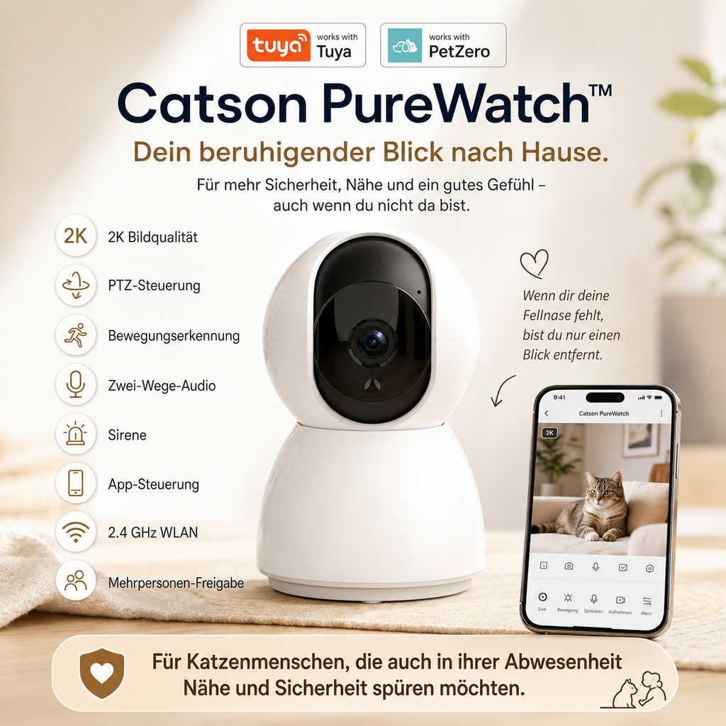 Catson PureWatch™ 2K Überwachungskamera für Katzen mit PTZ-Steuerung, Bewegungserkennung, Zwei-Wege-Audio, Sirene und App-Steuerung über Tuya oder PetZero