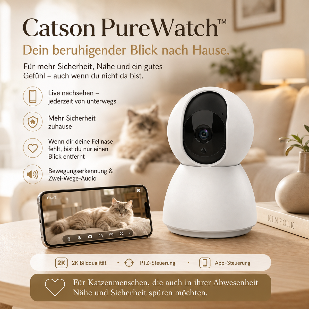 Catson PureWatch™ 2K Überwachungskamera für Katzen mit Live-Ansicht, PTZ-Steuerung, Bewegungserkennung, Zwei-Wege-Audio und App-Steuerung