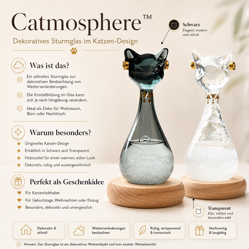 Catson Catmosphere™ Storm Glass in Katzenform – schwarze und transparente Variante auf Holzsockel als dekorative Geschenkidee