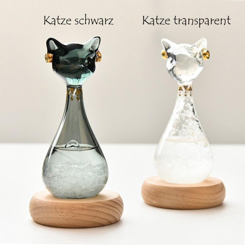 Catson Catmosphere™ Storm Glass in Katzenform – schwarze und transparente Variante mit Holzsockel