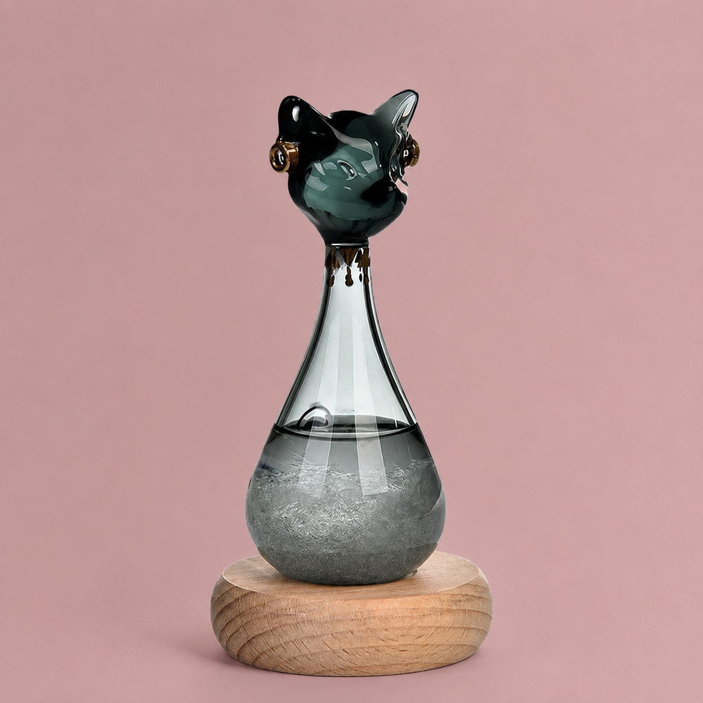 Catson Catmosphere™ Storm Glass in schwarzer Katzenform auf Holzsockel mit sichtbarer Kristallbildung im Glas