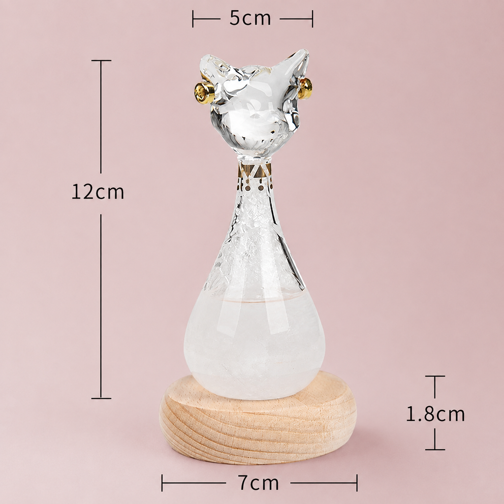 Catson Catmosphere™ Storm Glass in transparenter Katzenform – 12 cm hoch mit 7 cm Holzsockel und 5 cm Breite