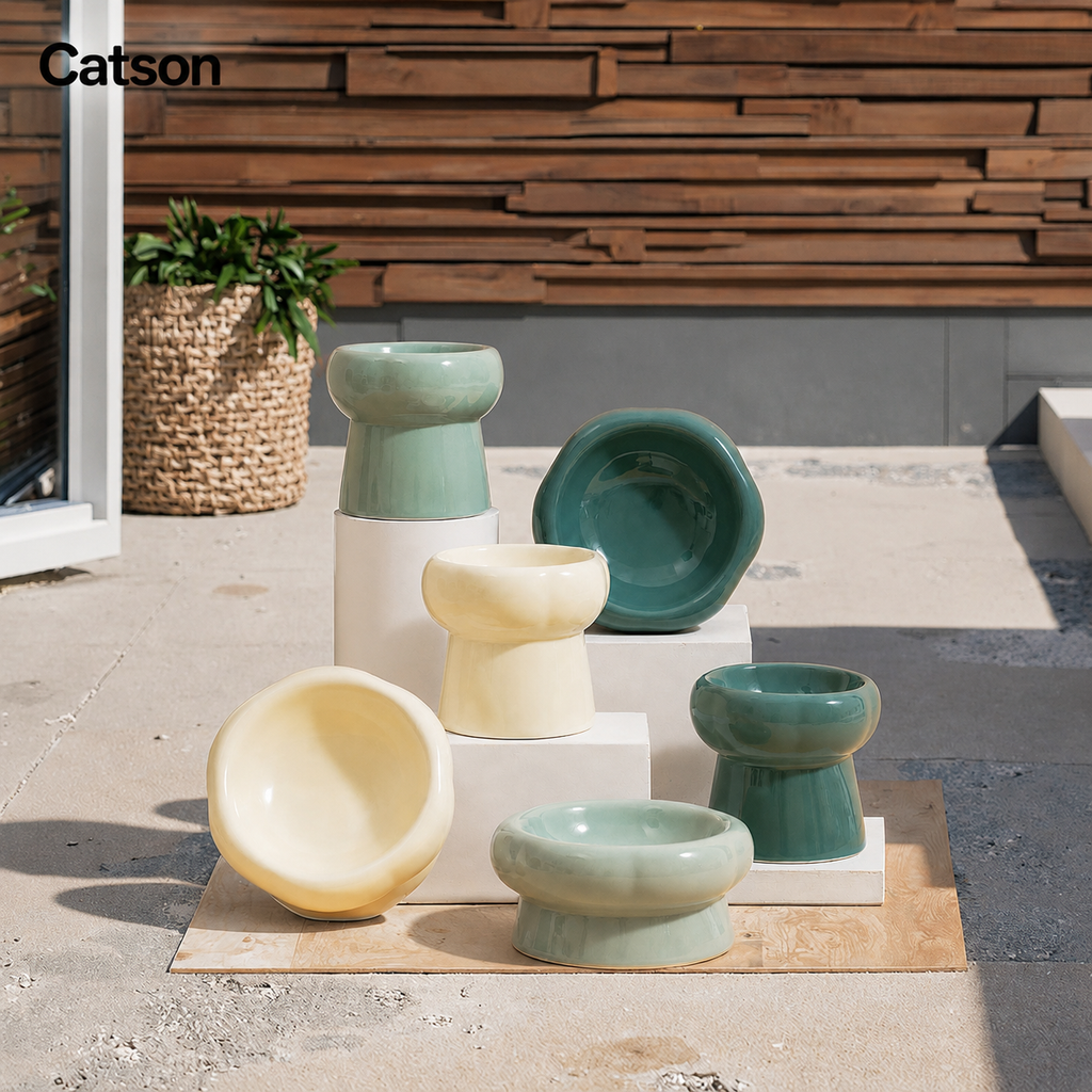 Catson Tango™ Keramik-Futternäpfe in Creme, Hellgrün und Dunkelgrün in verschiedenen Höhen und Grössen
